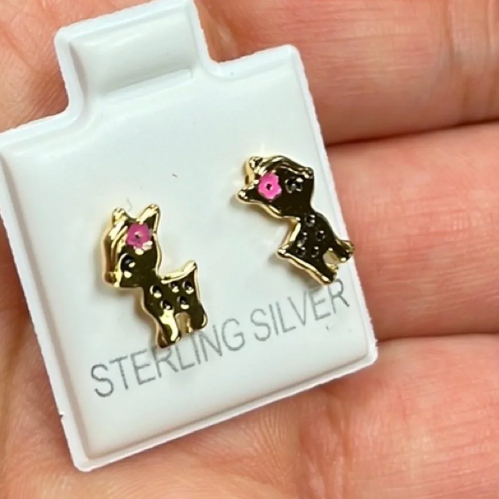 Kids Earrings 14k gold plated Enamel Flower Deer